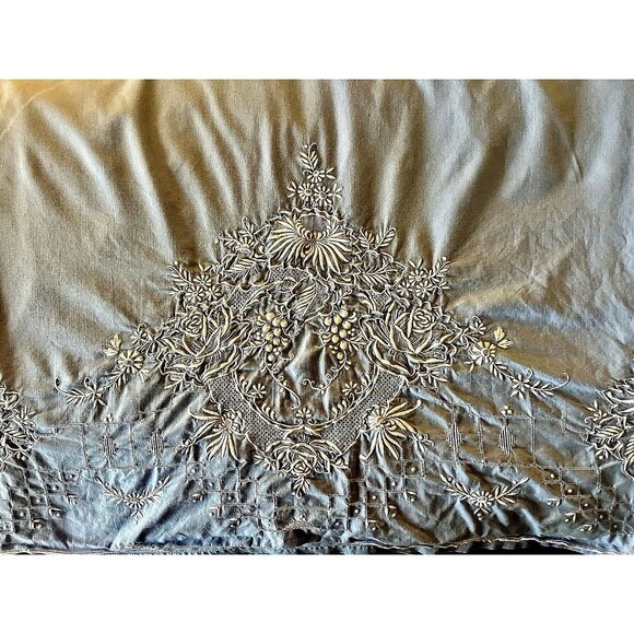 VTG Handmade Embroidered QUEEN Sheet Blue Drawnwork Cotton 100L x 86W BEAUTIFUL - Picture 1 of 7